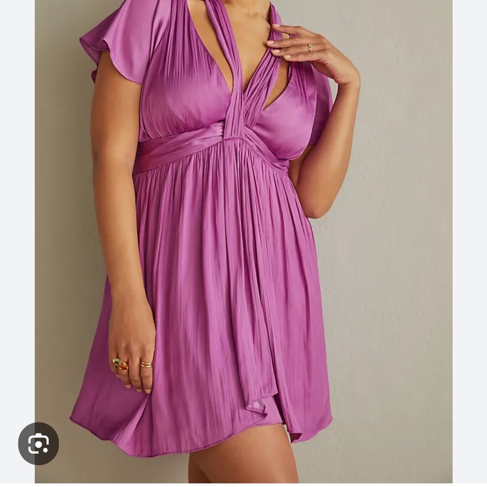 Anthropologie Purple Deep V- Neck Accordion Mini Dress, Size 12